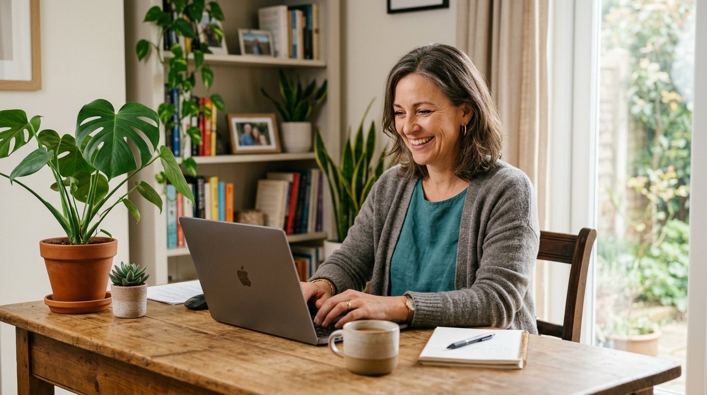 Confident woman over 40 working calmly on laptop at a warm home desk